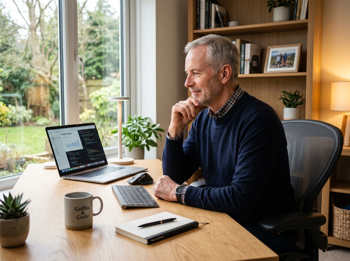 Active senior man at his desk looking at his laptop